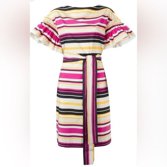 Salvatore Ferragamo 100% cotton Striped Multicolor bell sleeve belted Dress, S - Picture 1 of 13
